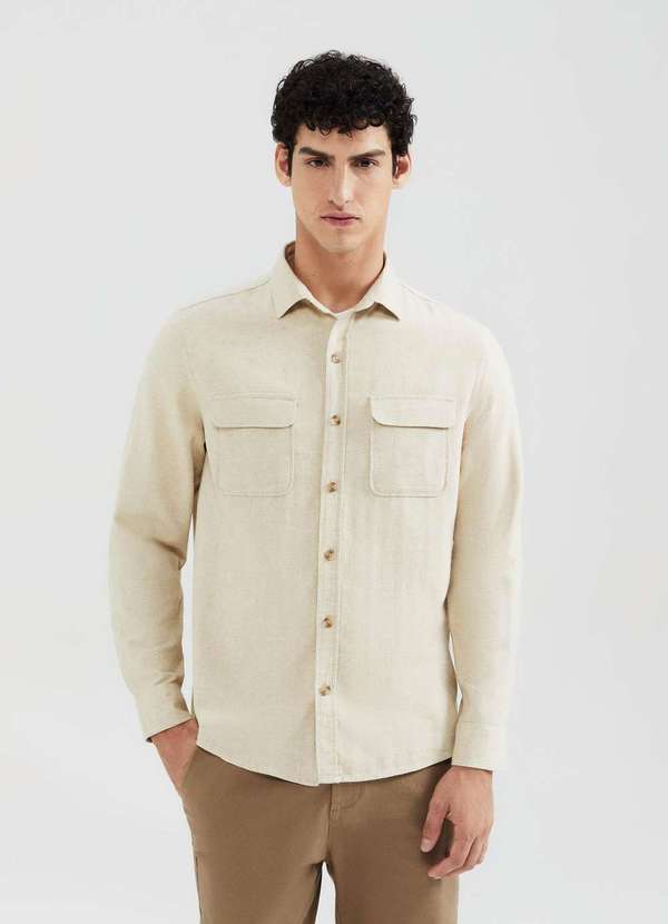 Hering - Camisa Masculina Manga Longa com Linho Bege