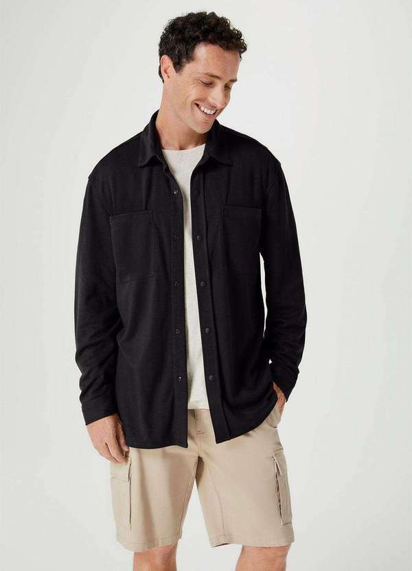 Hering - Camisa Masculina Manga Longa Comfort em Piquet Preto