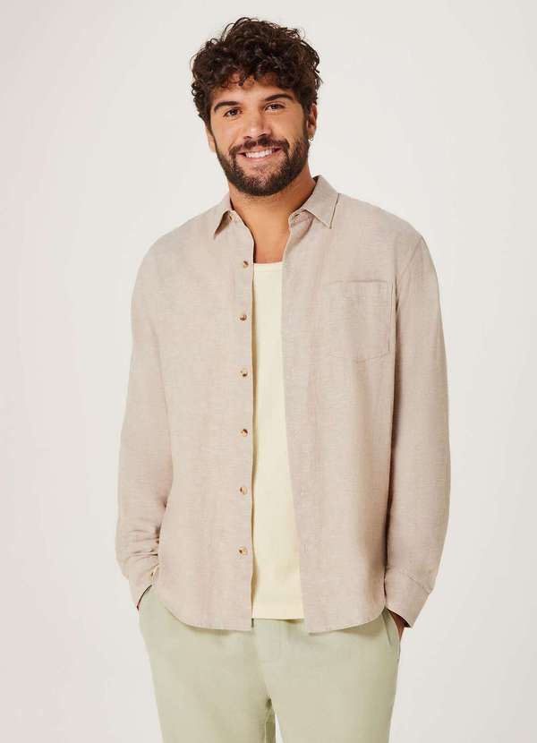 Hering - Camisa Masculina Manga Longa Fio Tinto em Linho Bege