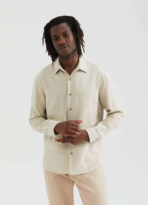 Hering - Camisa Masculina Manga Longa Listrada em Linho Bege