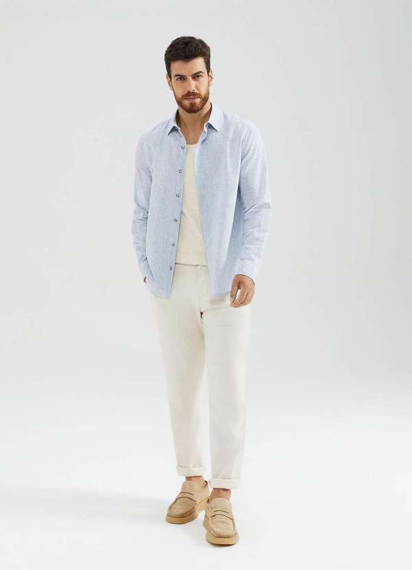 Hering - Camisa Masculina Manga Longa Listrada em Linho Cinza 2