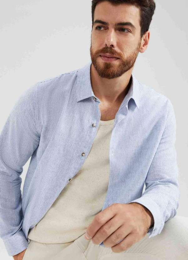 Hering - Camisa Masculina Manga Longa Listrada em Linho Cinza 4