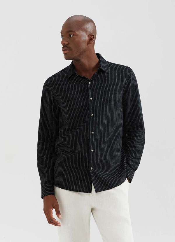 Hering - Camisa Masculina Manga Longa Listrada em Linho Preto