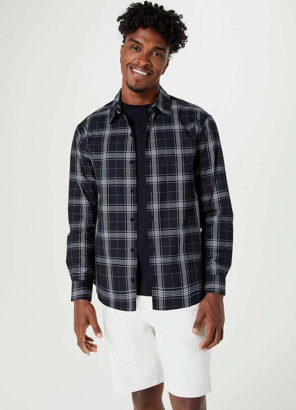 Hering - Camisa Masculina Manga Longa Xadrez Fio Tinto Preto