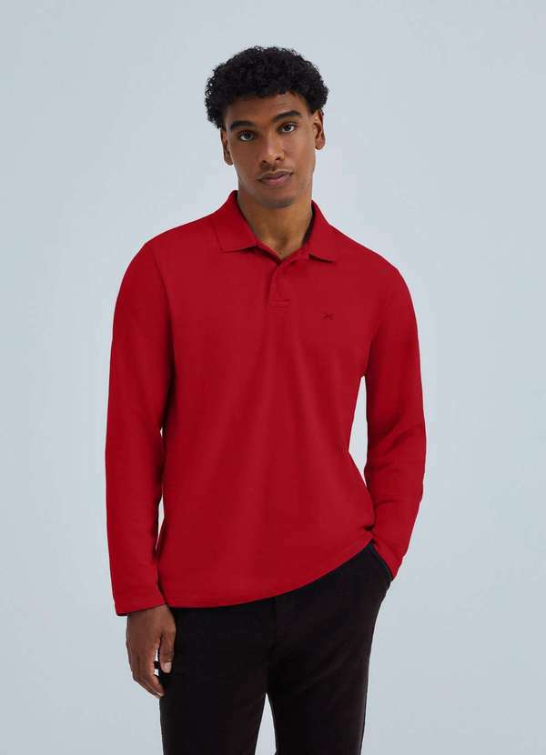 Hering - Camisa Polo Masculina Manga Longa em Piquet Vermelho