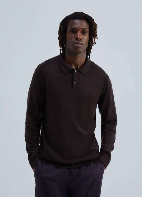 Hering - Camisa Polo Masculina Manga Longa em Trico Marrom