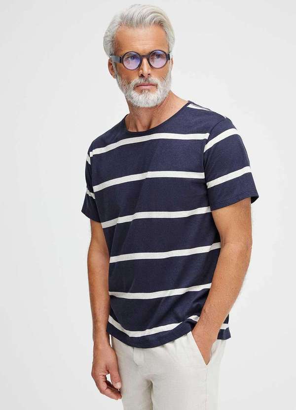 Hering - Camiseta Basica Masculina Algodao com Linho Listrada Bossa Azul