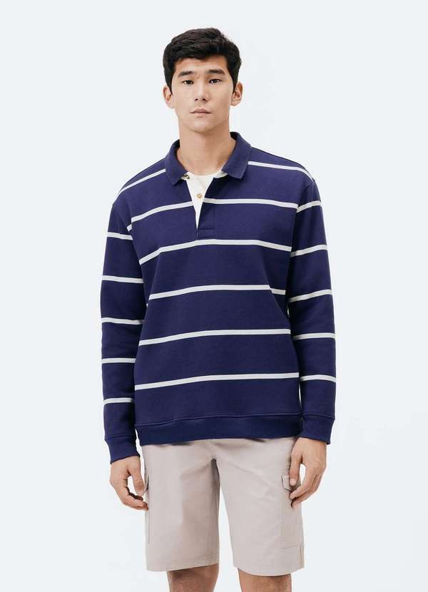 Hering - Polo Masculina em Moletom Listrado Azul