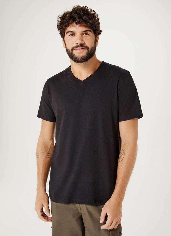 Hering - Camiseta Basica Masculina Manga Curta com Decote V World Preto