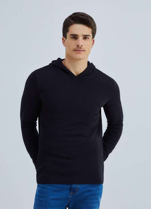 Hering - Camiseta Masculina Manga Longa com Capuz Preto