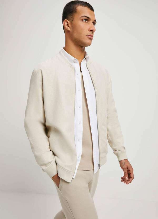 Hering - Jaqueta Masculina Bomber em Linho Bege