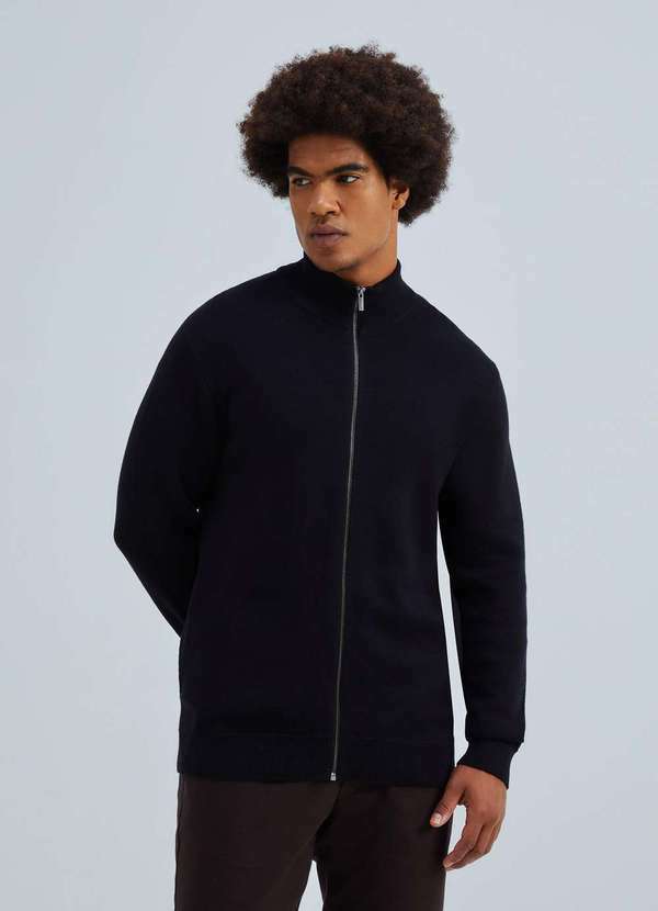 Hering - Jaqueta Masculina Gola Alta em Trico Preto