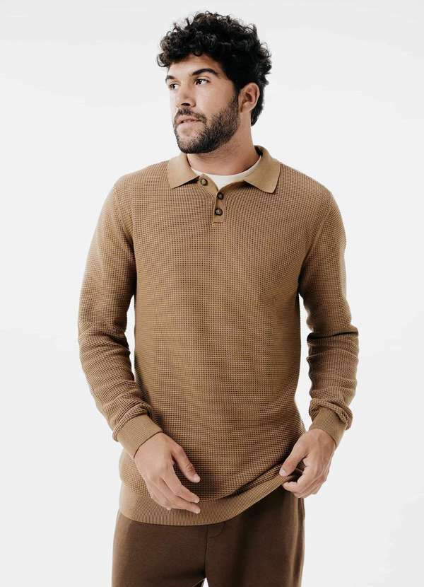Hering - Sueter Gola Polo Masculino em Trico Telado Marrom
