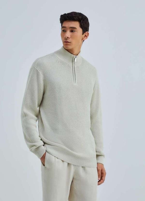 Hering - Sueter Masculino Gola Alta em Trico Texturizado Cinza