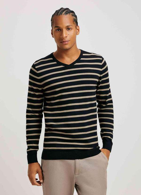 Hering - Sueter Masculino Listrado Gola V em Trico Preto
