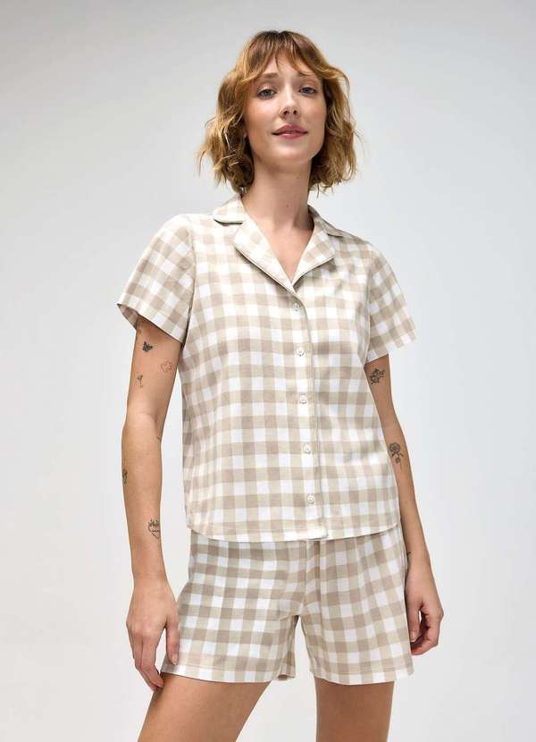 Hering - Pijama Curto Feminino Americano Estampado Bege 2