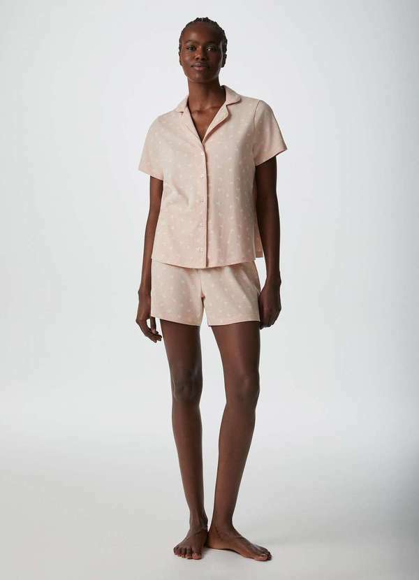 Hering - Pijama Curto Feminino Americano Estampado Rosa