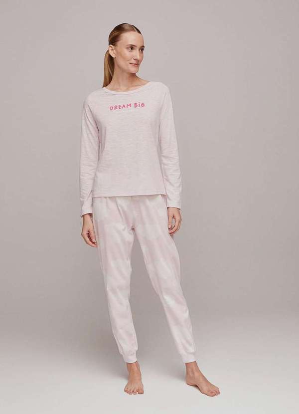 Hering - Pijama Feminino Longo Estampado em Malha de Algodao Cinza