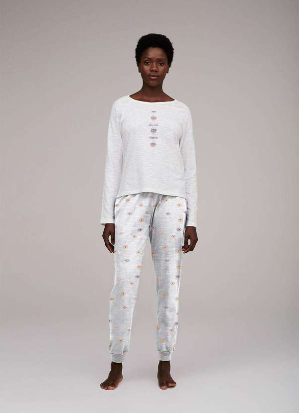 Hering - Pijama Feminino Longo Estampado em Malha de Algodao Rosa