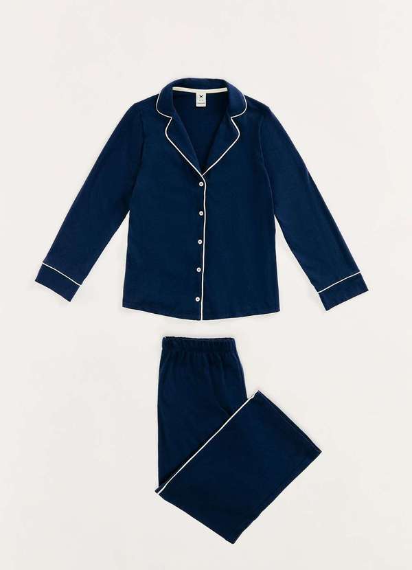Hering - Pijama Longo Feminino com Botoes Azul 5