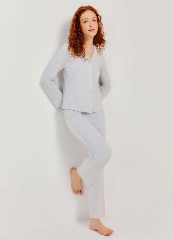 Hering - Pijama Longo Feminino com Botoes Cinza