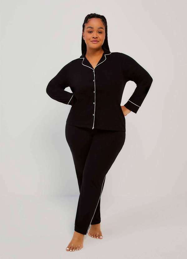 Hering - Pijama Longo Feminino com Botoes Preto