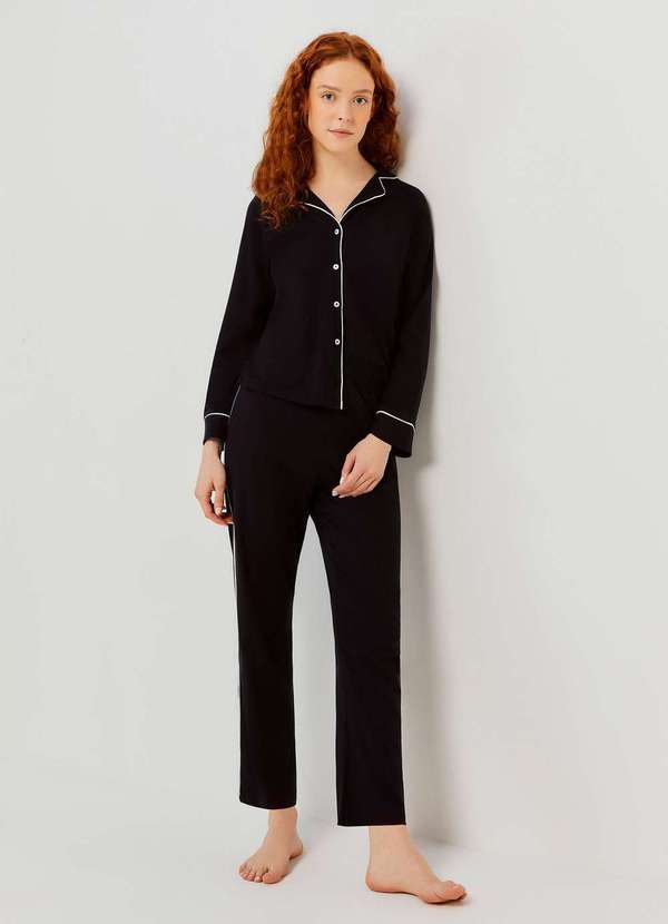 Hering - Pijama Longo Feminino com Botoes Preto 5