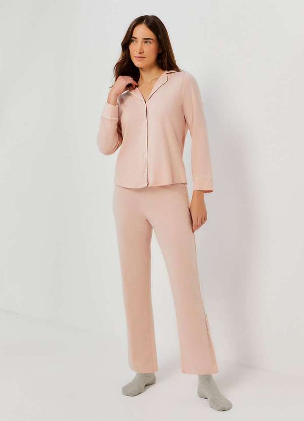 Hering - Pijama Longo Feminino com Botoes Rosa