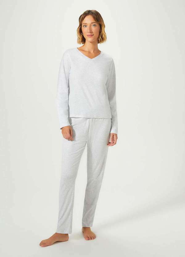 Hering - Pijama Longo Feminino Decote V Cinza