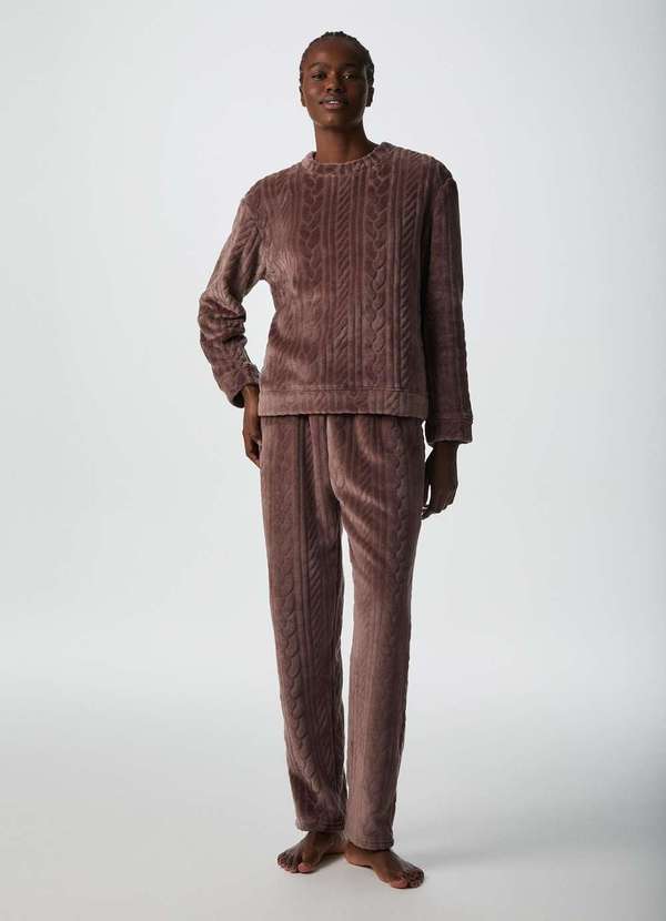 Hering - Pijama Longo Feminino em Fleece Marrom