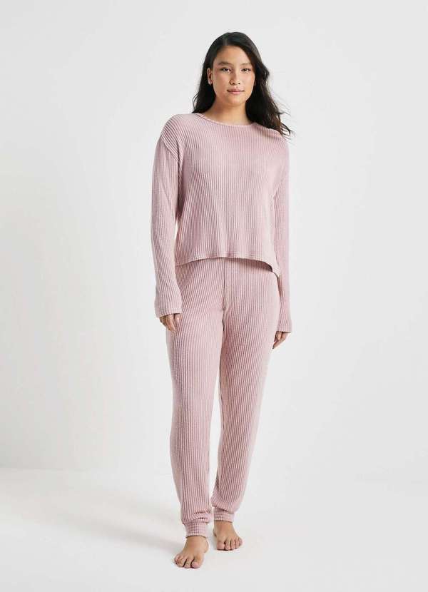 Hering - Pijama Longo Feminino em Trico Canelado Rosa