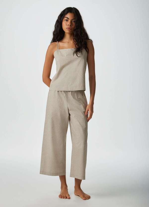 Hering - Pijama Longo Feminino Xadrez Marrom