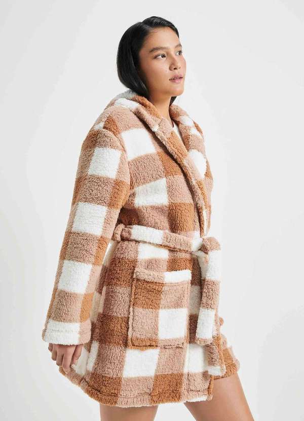 Hering - Roupao Feminino Estampado em Sherpa Marrom