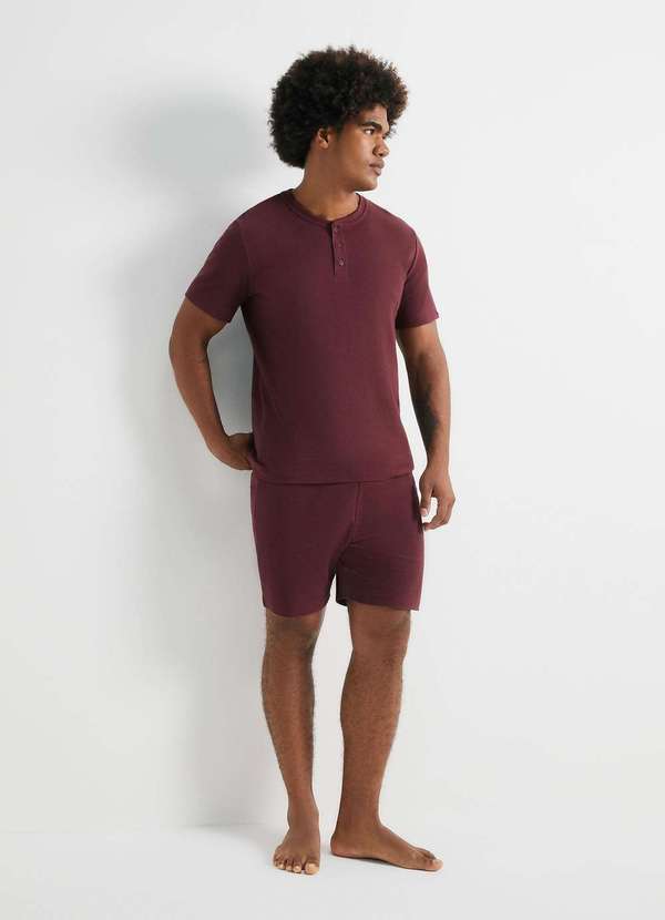 Hering - Pijama Curto Masculino com Camiseta Henley Vermelho
