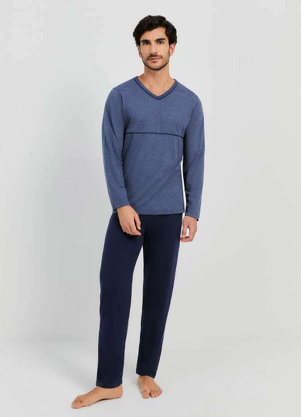 Hering - Pijama Masculino Longo com Decote V Azul
