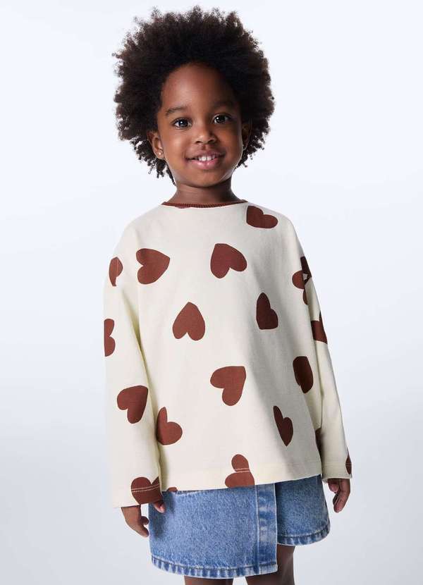 Hering - Blusa Infantil Menina Oversized Estampada Bege