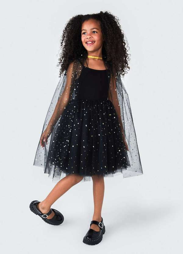 Hering - Vestido Curto Infantil em Tule com Brilhos Preto