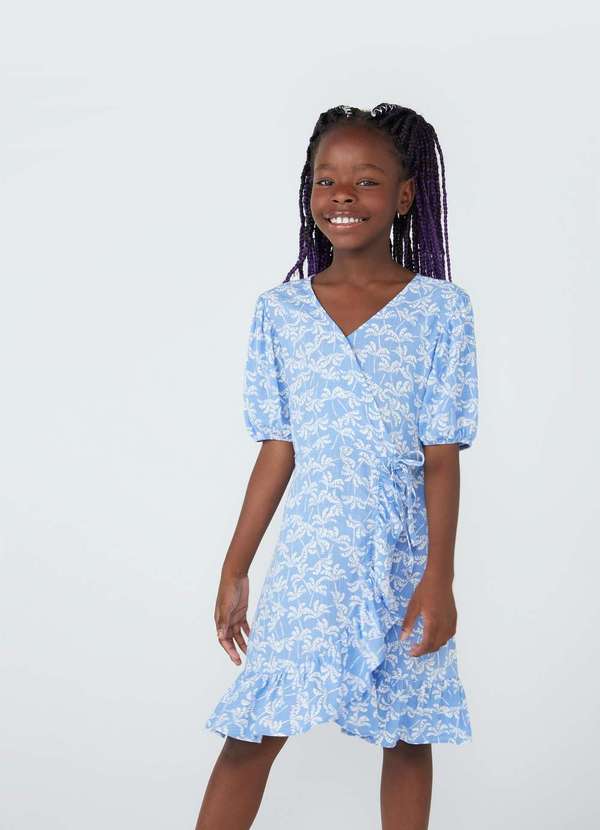 Hering - Vestido Curto Infantil Transpassado Estampado Azul