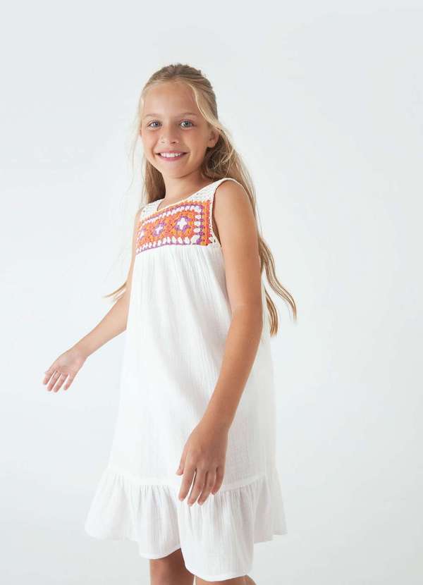 Vestido Midi Infantil com Detalhe em Croche Branco Hering Oficial
