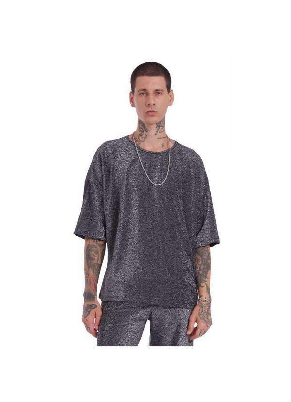 Brohood - Camiseta Oversized Brohood Lurex Brilho Prata Escuro Preto