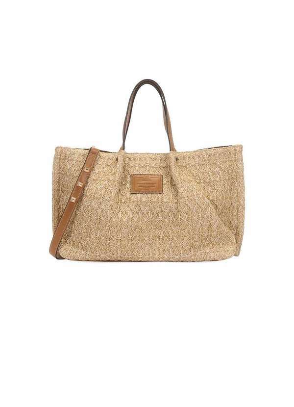 Wj - Bolsa Satchel Wj Grande Metais Piramides Palha Bege