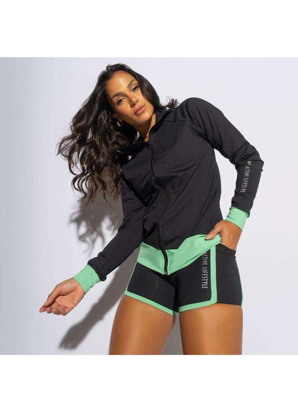 Honey Be - Casaco Fitness Preto com Faixa Verde - Honey Be Preto / Black