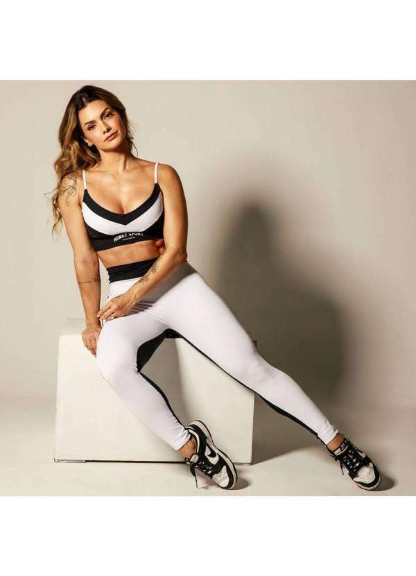 Honey Be - Calça Legging Fitness Preta e Branca Cós Transpassado Preto / Black