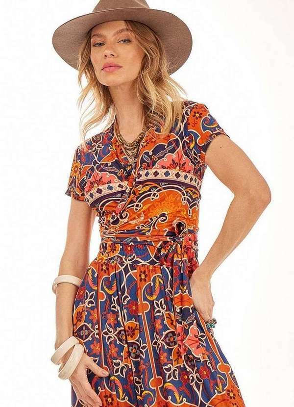 Yacamim - Cropped Transpassado Laranja Estampado Yacamim Laranja