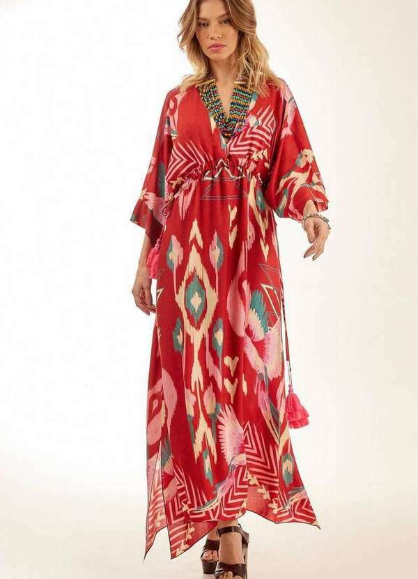 Yacamim - Kaftan Longo com Tunel na Cintura Vermelho Estampado Yacamim Vermelho