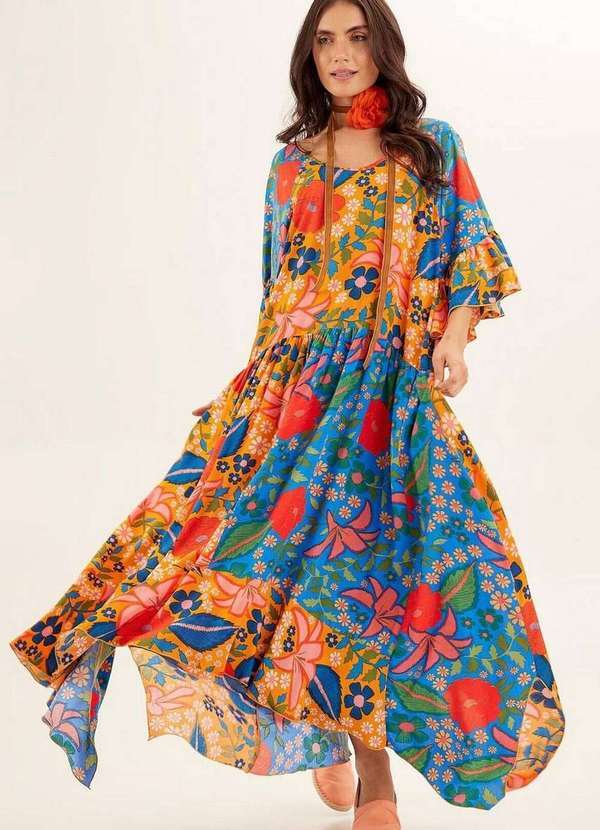 Yacamim - Vestido Longo com Decote Redondo Amarelo e Azul Patchwork Yacamim Estampado