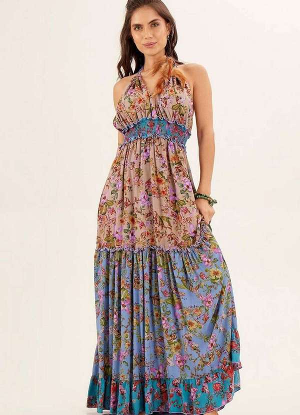 Yacamim - Vestido Longo de Frente Unica Azul Patchwork Yacamim Estampado