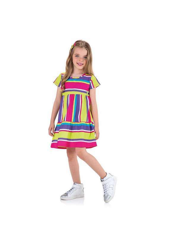 Marisol - Vestido Listrado Manga Curta Infantil Feminino Marisol Rosa