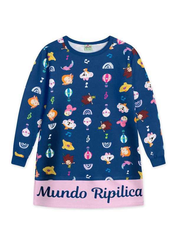 Mundo Ripilica - Vestido Moletom Infantil Menina Manga Longa Mundo Ripilica Azul