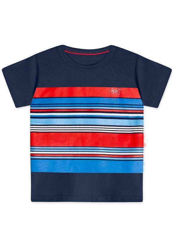 Marisol - Camiseta Listrada Manga Curta Infantil Masculina Marisol Azul
